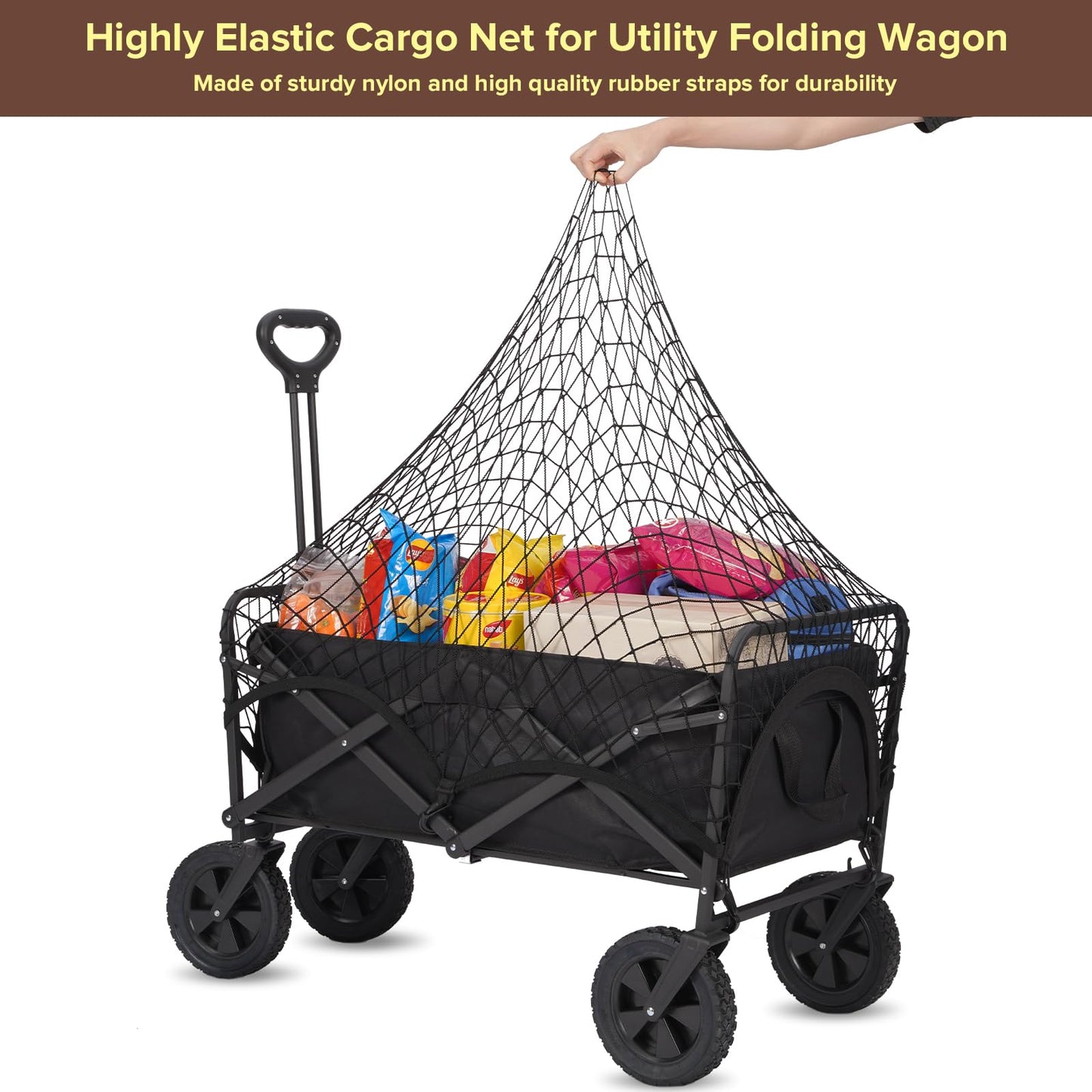 Kaskawise Small Cargo Net for Collapsible Foldable Wagon, Beach Cart, Garden Cart Cover Net - Elastic Mesh Heavy Duty Nylon Net with 6 Hooks - Outdoor Wagon Accessories (35.5"×23.6", Black)