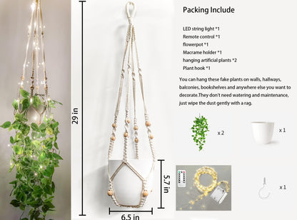 Fake Hanging Plants with Lights Artificial Plants for Home Decor Macrame Plant Hanger with Fake Vines Faux Hanging Planter for Wall Ceiling Bedroom Bathroom Kitchen Office Boho Decor Indoor