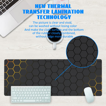 Desk Mat, Black Gold Honeycomb Technology Extended Gaming Mouse Pad Large, 31.5"x11.8" Big Mouse Pad with Non-Slip Base and Stitched Edge, Long Computer Keyboard Mouse Mat for Home Office Work