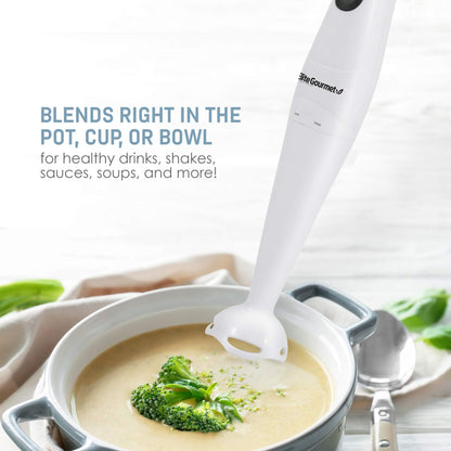 Elite Gourmet EHB-2425X Electric Immersion Hand Blender Stick, Mixer, Chopper, 1-Touch Control Multi Purpose, 150 Watts, For Soups, Sauces, Baby Food, White