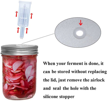 Fermentation Lids, 6 Set Fermentation Kit for Wide Mouth Jars, 6 Stainless Steel Fermenting Lids with 6 Silicone Grommets, 6 Airlocks, 6 Silicone Rings(Jars Not Included)