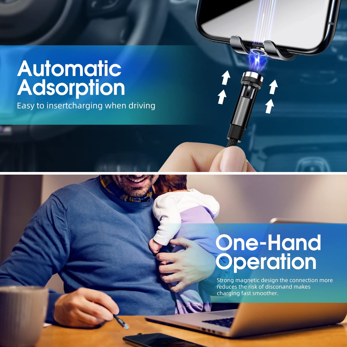 7-Pack 1.6FT/3FT/3FT/3FT/6FT/6FT/10FT 540 Rotating Magnetic Phone Charger 3 in 1 Magnetic Cable Nylon Braided USB Charger Cable for Micro USB/Type C/iProduct Device - Black