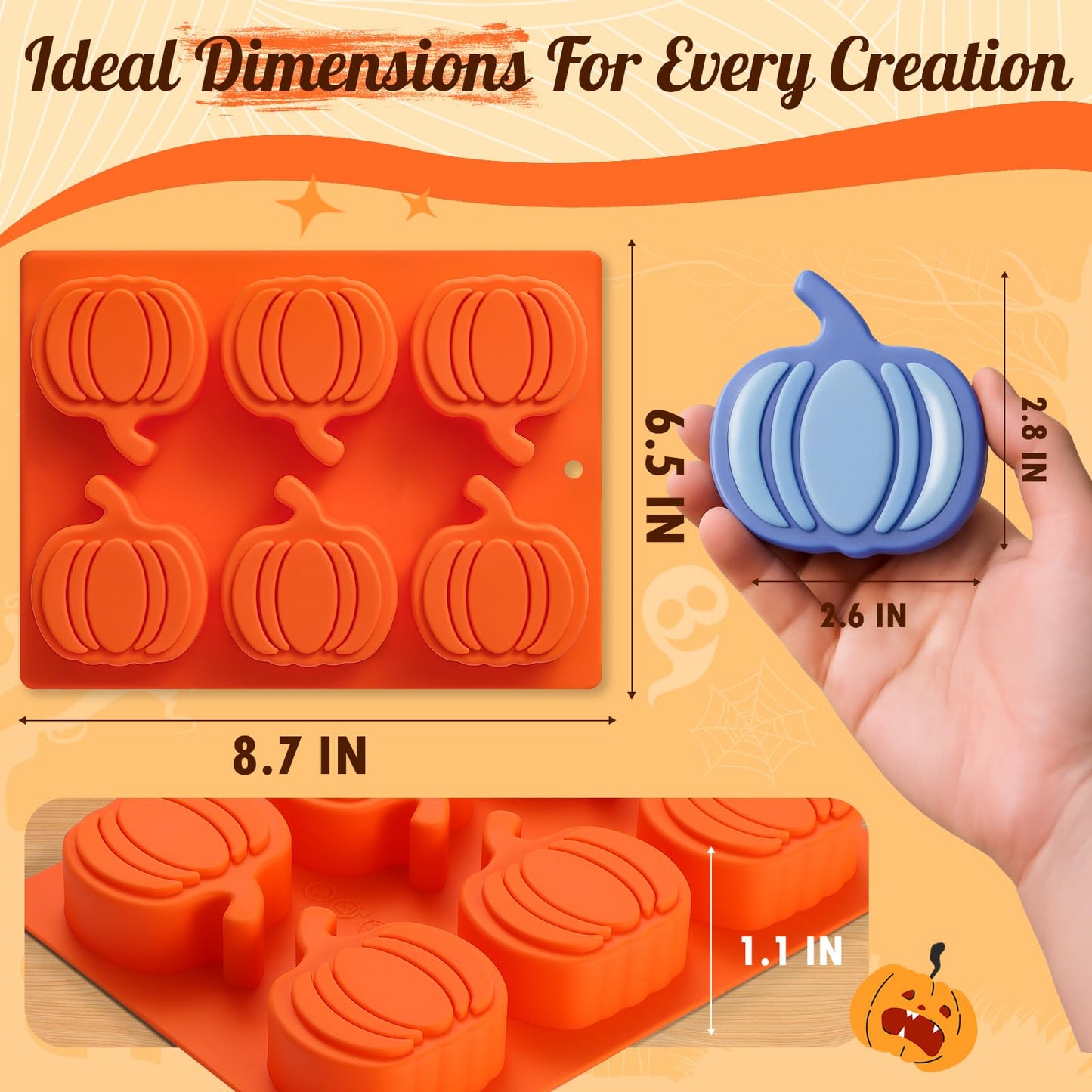 HKNMTT Pumpkin Silicone Molds 2 Pack 6 Cavity Halloween Mold Set for Fall Chocolate Candy Soap Wax Melts Jello Cake Pop Apple Cider Baking Tray Thanksgiving 3D Food Grade Spooky Treats