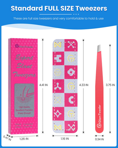 Expert Eyebrow Hair Removal Tweezer with Leather Case, GlamTweeler High Precision Slant Tip Stainless Steel Tweezers for Men and Women (Hot Pink)