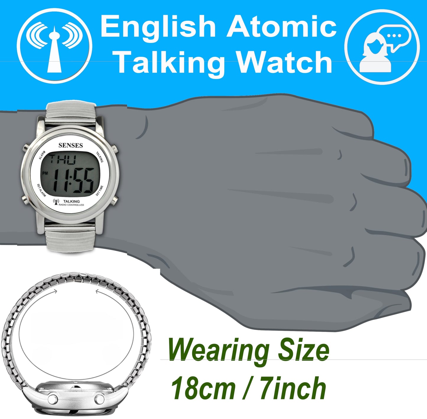 FIVE SENSES Atomic! Talking Watch - Sets Itself Senses Metal Easy-to-Read Talking Watch (Silver)