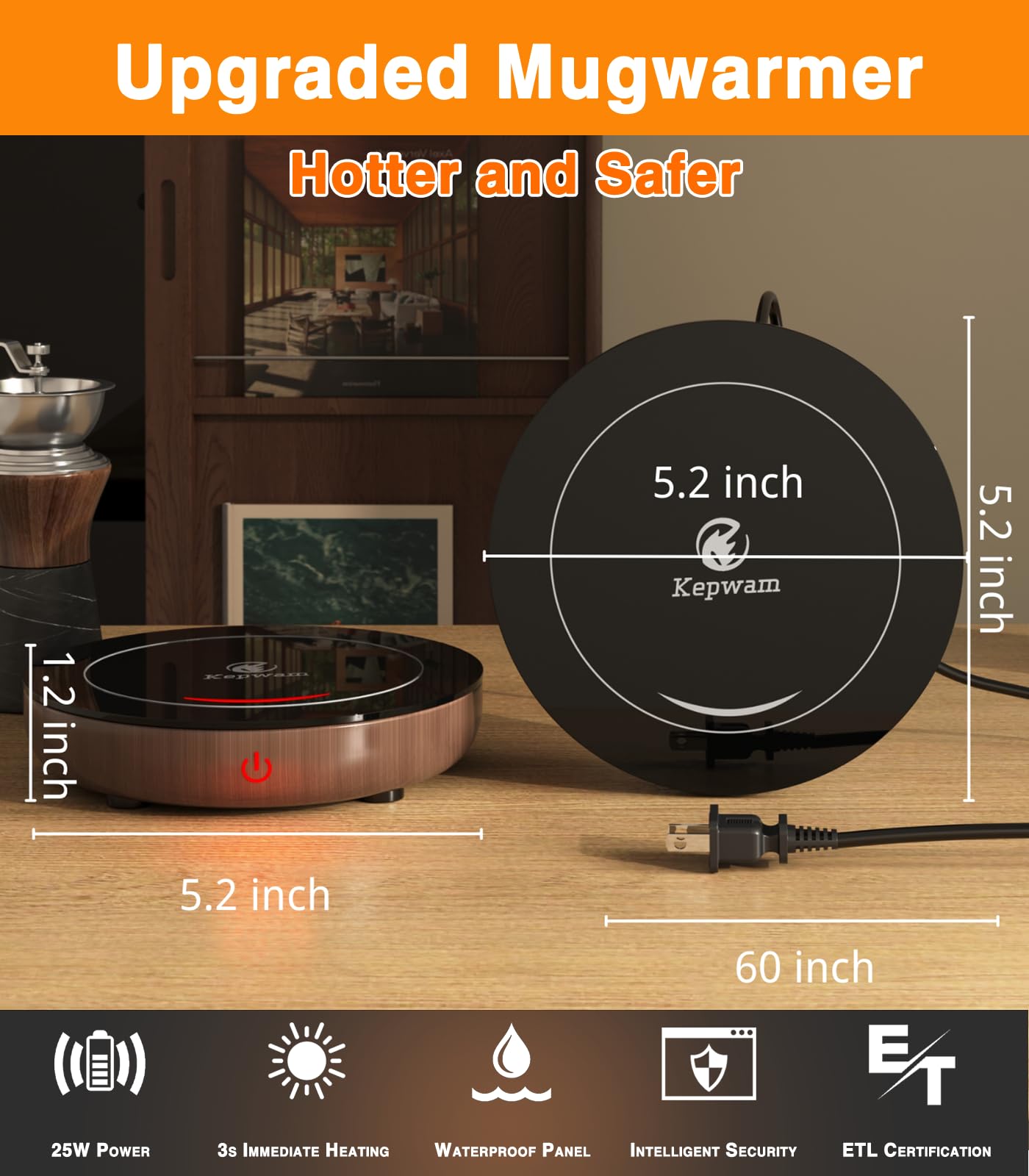 Kepwam Coffee Mug Warmer with Gravity Sensor, Mug Warmer for Desk with LED Light, 3 Temp Settings & 6H Auto Shut Off Coffee Warmer, Electric Candle Warmer Plate for Beverage, Coffee, Tea, Milk