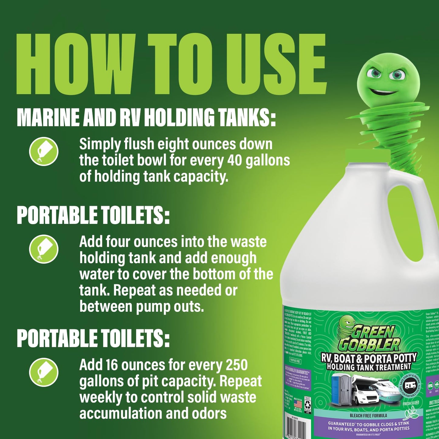 Green Gobbler, Portable Toilet Porta Potty Chemical Waste DIGESTANT & DEODORIZER - 1 Gallon/Fresh Scent (Up to 42 Doses per Gallon)