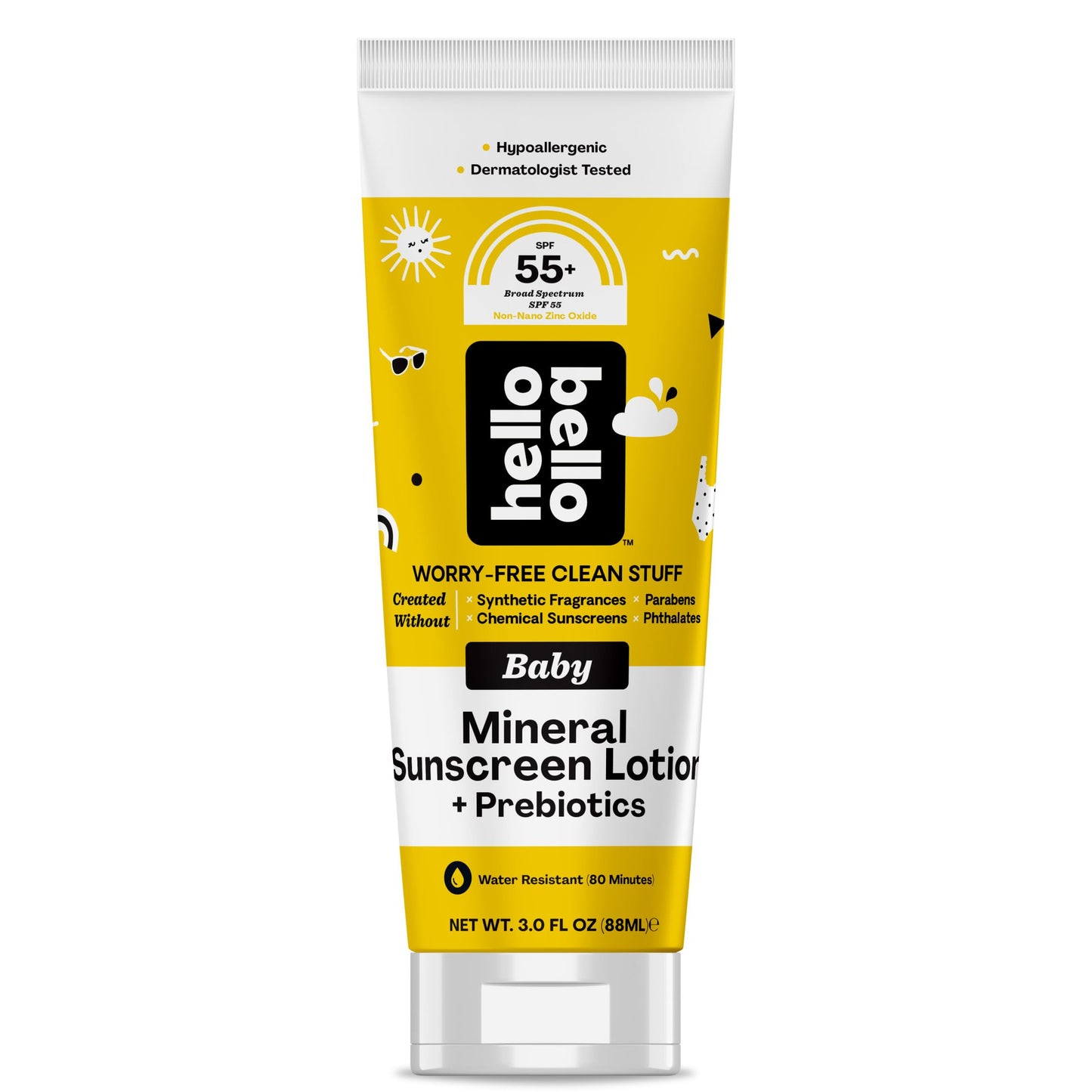 Hello Bello Mineral SPF 55 Sunscreen Lotion with Prebiotics, Water Resistant and Reef Friendly Sun Protection for Babies and Kids, 3 fl oz (Pack of 1)