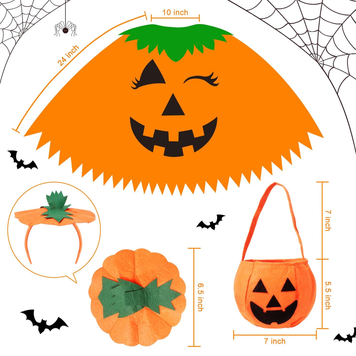 KOFECIT 3 PCS Halloween Pumpkin Poncho for Women,Pumpkin Cape Costume with Headband and Candy Bag,Halloween Costume for Women Adults
