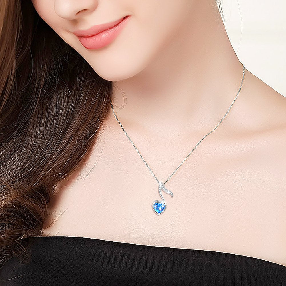 DAOCHONG Musical Jewelry 925 Sterling Silver Blue Cubic Zirconia Quaver Music Note Heart Pendant Necklace for Women Music Lover Gifts