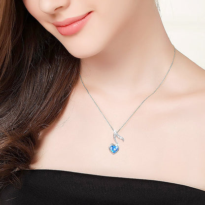 DAOCHONG Musical Jewelry 925 Sterling Silver Blue Cubic Zirconia Quaver Music Note Heart Pendant Necklace for Women Music Lover Gifts