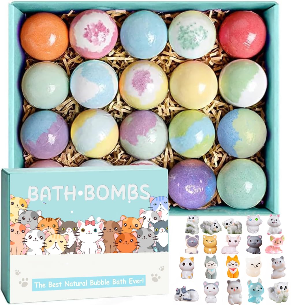 Kids Bath Bombs with Surprise Inside, 20 Pack Bring Dog and cat Toys Gift Set, Natural Organic Bubble Bath Foam Bath