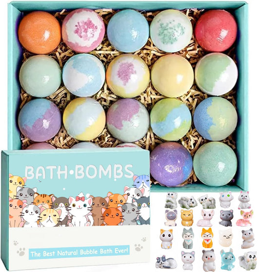 Kids Bath Bombs with Surprise Inside, 20 Pack Bring Dog and cat Toys Gift Set, Natural Organic Bubble Bath Foam Bath