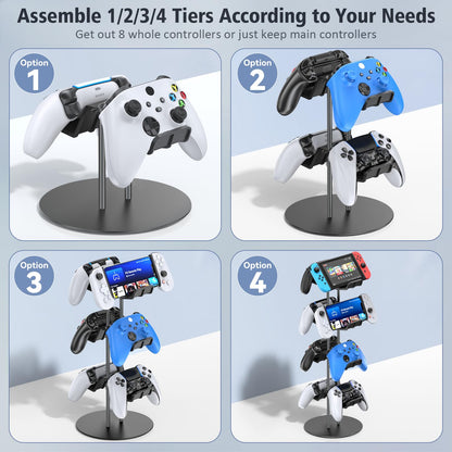 Kytok Controller Stand 4 Tiers with Cable Organizer for Desk, Universal Headphone Stand Compatible with Xbox PS5 PS4 Nintendo Switch, Headset Holder & Desk Mounts for 8 Packs Controller