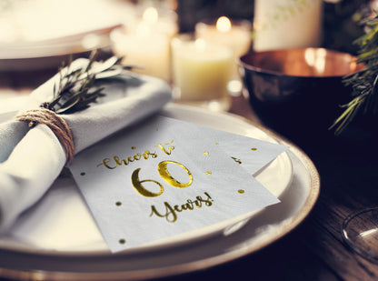 Cheers to 60 Years Cocktail Napkins | Happy 60th Birthday Decorations for Men and Women and Wedding Anniversary Party Decorations | 50-Pack 3-Ply Napkins | 5 x 5 inch folded (White)