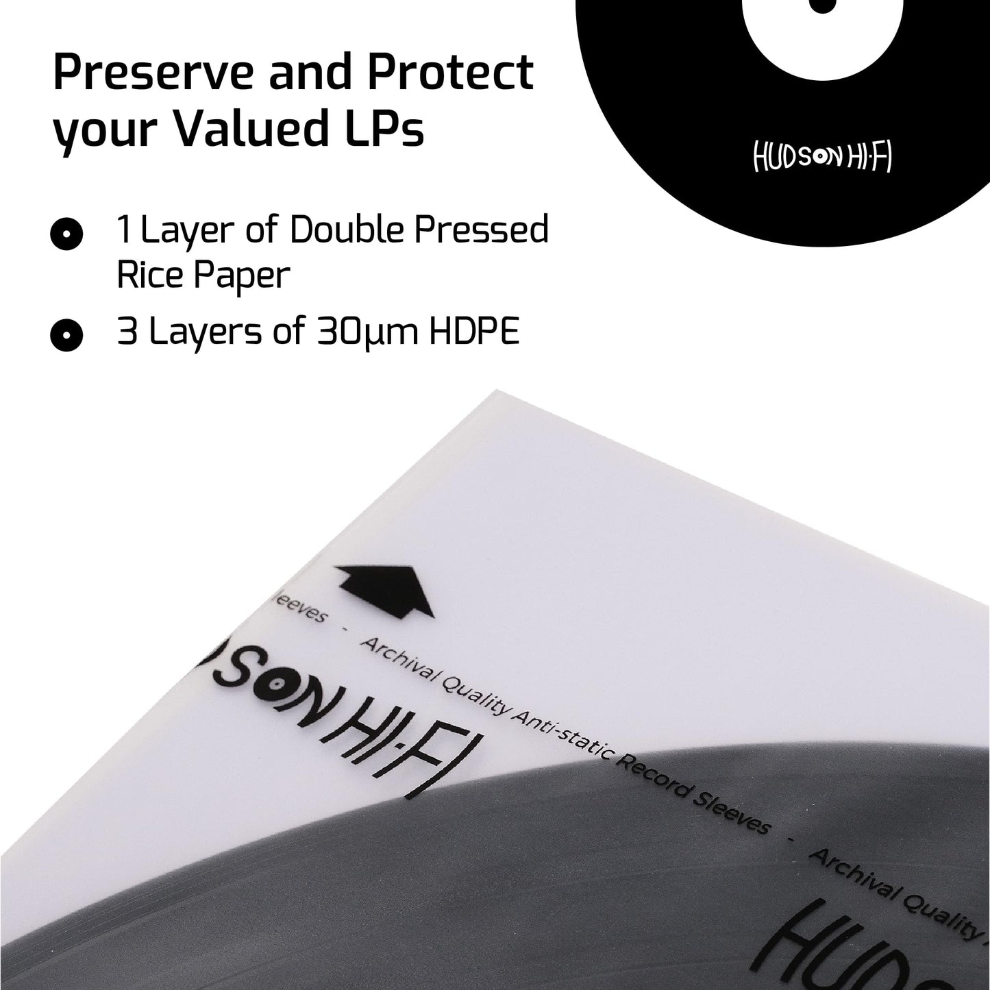 Hudson Hi-Fi Anti-Static Vinyl Record Inner Sleeves 250 Pack - Durable Clear Disc Sleeves- Protect Your LP Albums from Scratches, Dust & Dirt - Acid-Free Rice Paper Interior Disc Covers