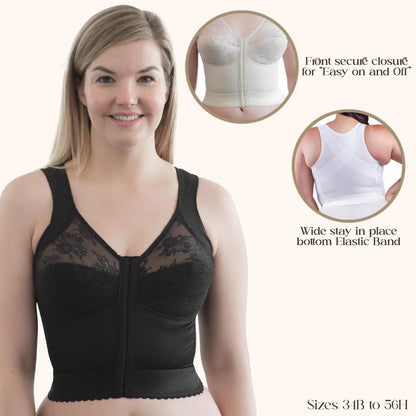Front Closure Longline Bra | 9603 | Made in USA | Wire-Free Comfort w/Back Support | Soft Cups | 40DD / Black