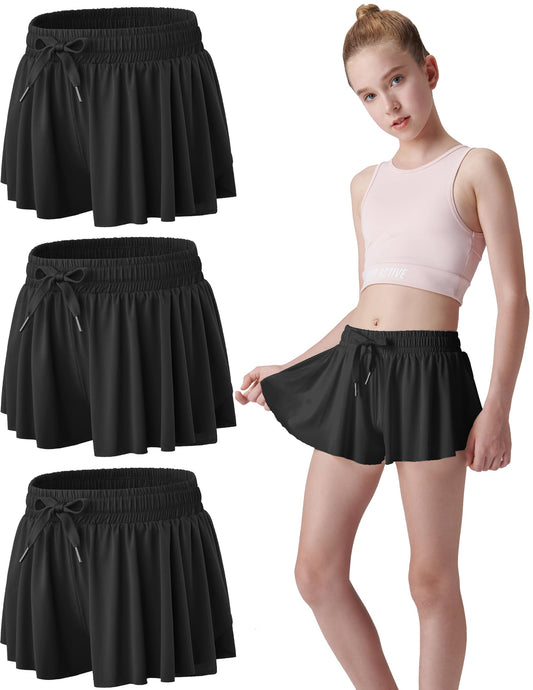 3 Pack Girls Flowy Shorts with Spandex Liner 2-in-1 Youth Butterfly Skirts for Fitness, Running, Sports (Set 8, Youth Medium) Blacks