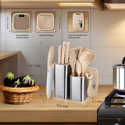 RAXCO Kitchen Utensils Set,18-Piece Cooking Tools and Sharp Knives,Stainless Steel Holder and Cutting Board