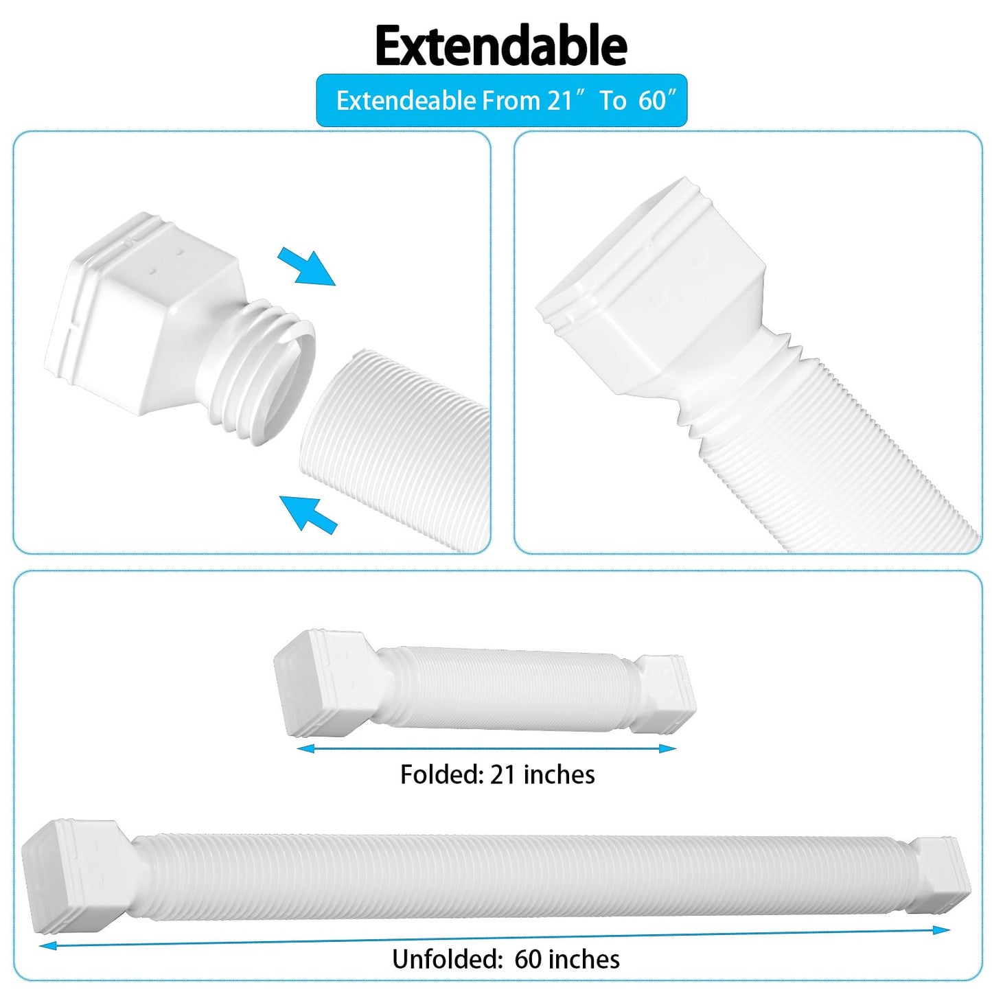 HAHOME 2 Pack Rain Gutter Downspout Extensions,Drain Downspout Extender Diverter, Flexible Downspout Extensions Can Extendable from 21 to 60 Inches (White)