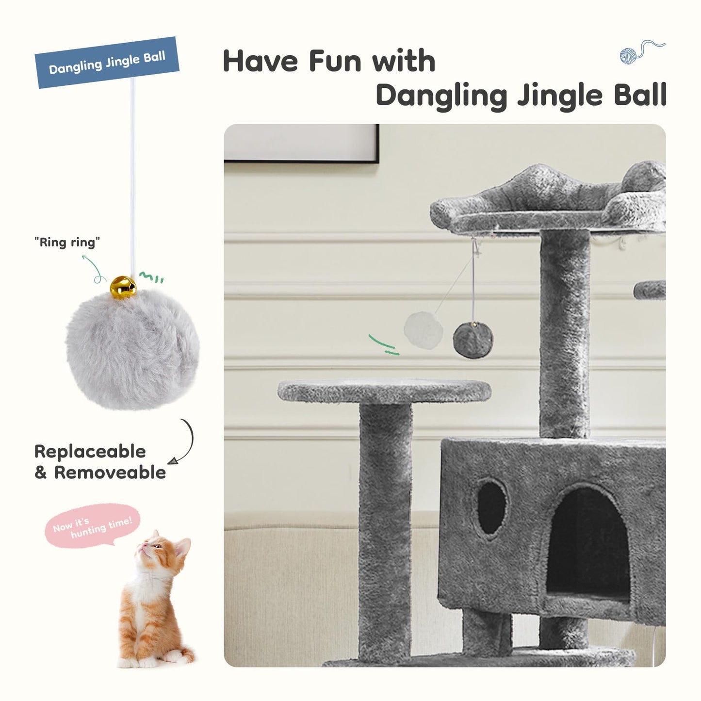 DUMOS 54-inch Indoor Cat Tree Tower –Multi-Level Pet House for Large Cats with 2 Condos, Scratching Posts, Round Platform, Small Ladder, and Toys, Light Grey