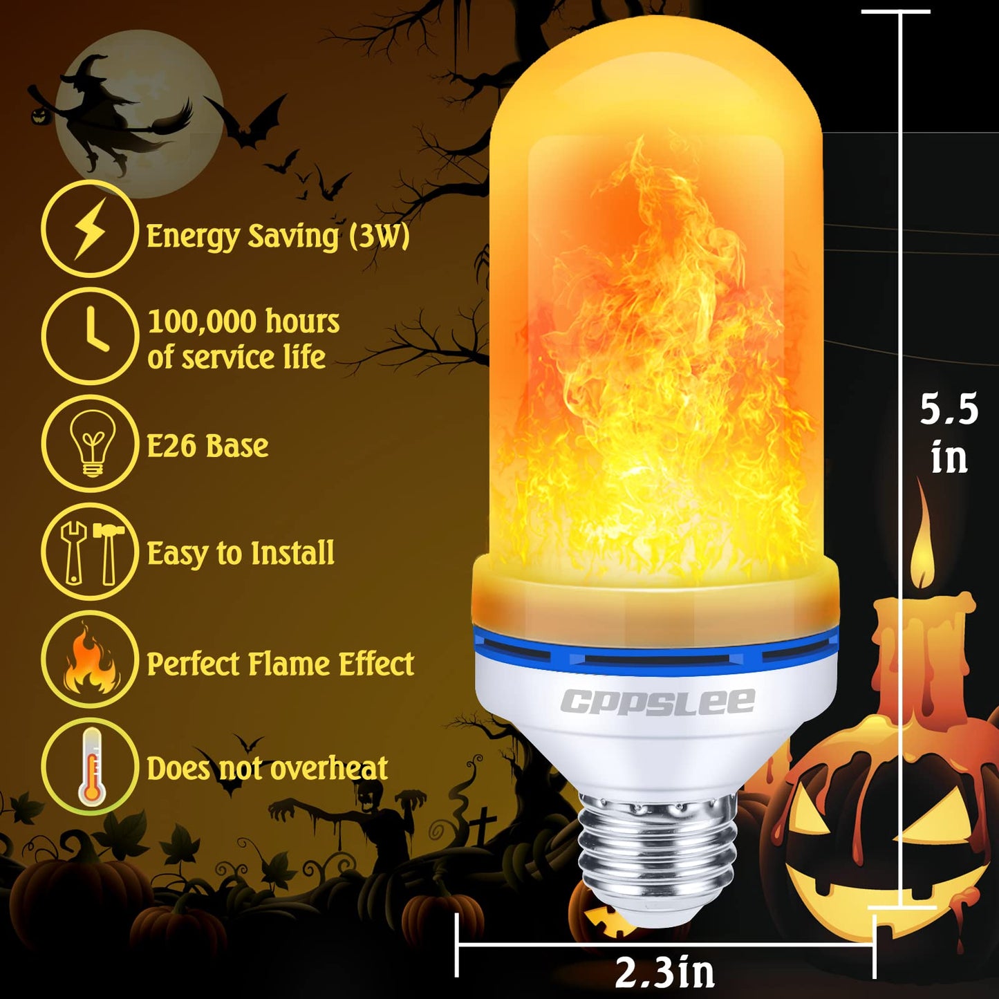 CPPSLEE Upgraded LED Flame Light Bulbs, 4 Modes Flickering Light Bulbs, E26 Base Fire Flame Bulb for Halloween Decorations Outdoor, Christmas Lights Patio Indoor Home Decor (Yellow, 2 Pack)