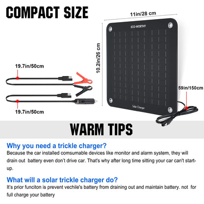 ECO-WORTHY 10W Solar Car Battery Charger Maintainer 12V Waterproof Portable Solar Trickle Charger for Car Truck Boat Lawn Mower RV Trailer Tractor ATV Utility Vehicle Battery