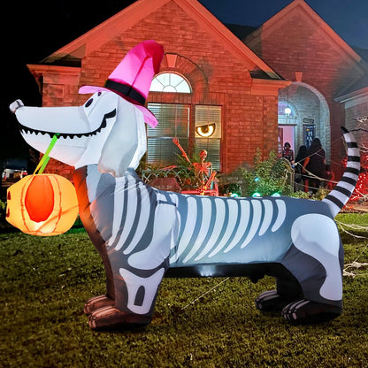GOOSH 5.5 FT Halloween Inflatables Outdoor Decorations Skeleton Puppy Inflatable Yard Decoration with Build-in LEDs Blow Up Pumpkin for Halloween Party Indoor Outdoor Yard Garden