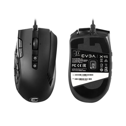 EVGA X15 MMO Gaming Mouse, 8k, Wired, Black, Customizable, 16,000 DPI, 5 Profiles, 20 Buttons, Ergonomic 904-W1-15BK-KR