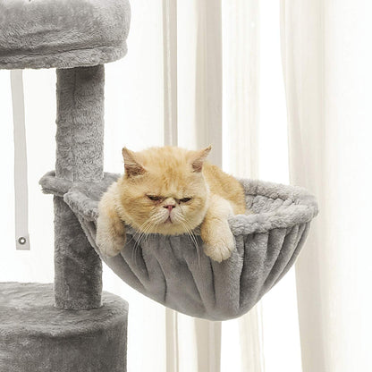 Hey-brother Cat Tree with Scratching Board, Cat Tower with Padded Plush Perch and Cozy Basket, Multi-Platform for Jump, Light Gray MPJ005W