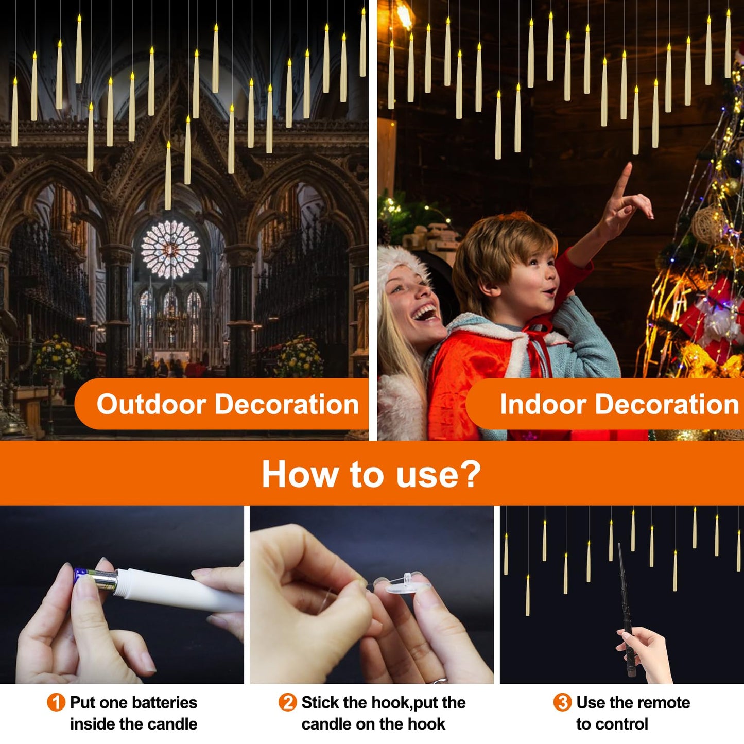 20 Pack Halloween Decorations Floating Candles with Wand,Magic Flameless Candles Flickering Warm Light LED Taper Candles Hanging for Harry Potter Christmas Witch Wizard Wedding Birthday Party Décor