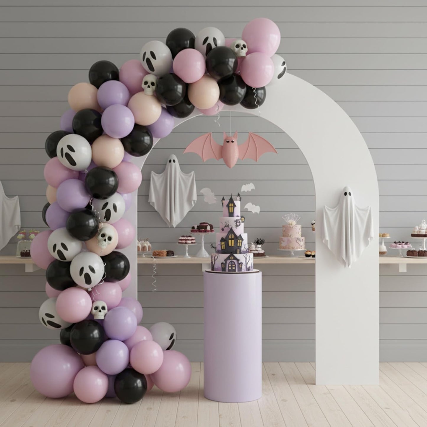 Halloween Balloons,52PCS 12 Inch Halloween Pastel Pink Black Orange Purple Balloon, Ghost Printed Ballons for Halloweenday BOO Party Decorations,Birthday,Baby Shower