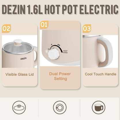 Dezin Electric Pot, 1.6L Ramen Cooker, Hot Pot Electric Stainless Steel, Multifunctional Cooker for Egg, Pasta, Soup, Porridge, Oatmeal with Temperature Control and Keep Warm Function