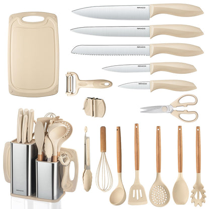 RAXCO Kitchen Utensils Set,18-Piece Cooking Tools and Sharp Knives,Stainless Steel Holder and Cutting Board