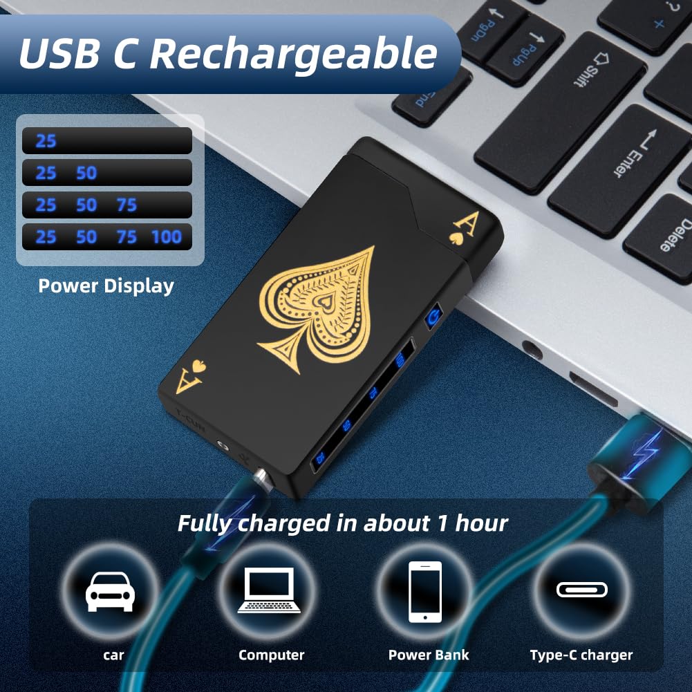 LcFun Electric Lighter Rechargeable USB, Dual Arc Plasma Lighter, Windproof Flameless Electronic Lighters, Pocket Metal Lighters with LED Battery Indication for Candles, Camping (Black Ace)