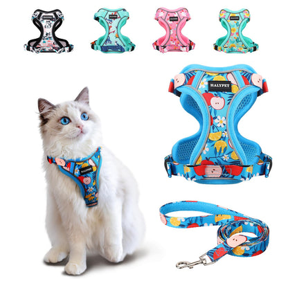 Halypet Cat Harness and Leash Set[MAX Safety 4th-Gen] Cute Escape Proof Vest Harness for Girl&Boy Cat Walking, Comfortable Adjustable Leash and Reflective Strips for Outdoor Kitten, S Azure Floral