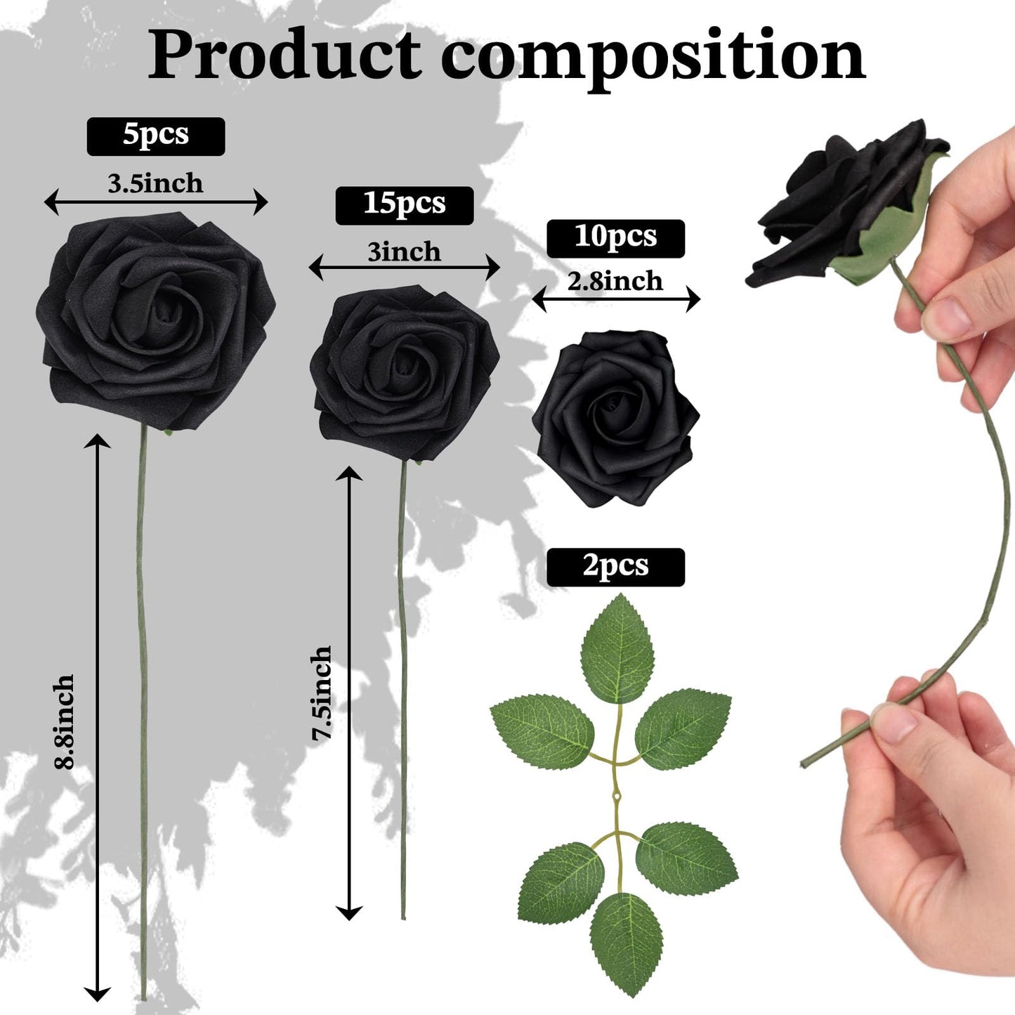 JOHOUSE 30PCS Black Fake Roses, Halloween Decor Artificial Flowers with Stems for Wedding Bouquets Party and Gothic Decoration