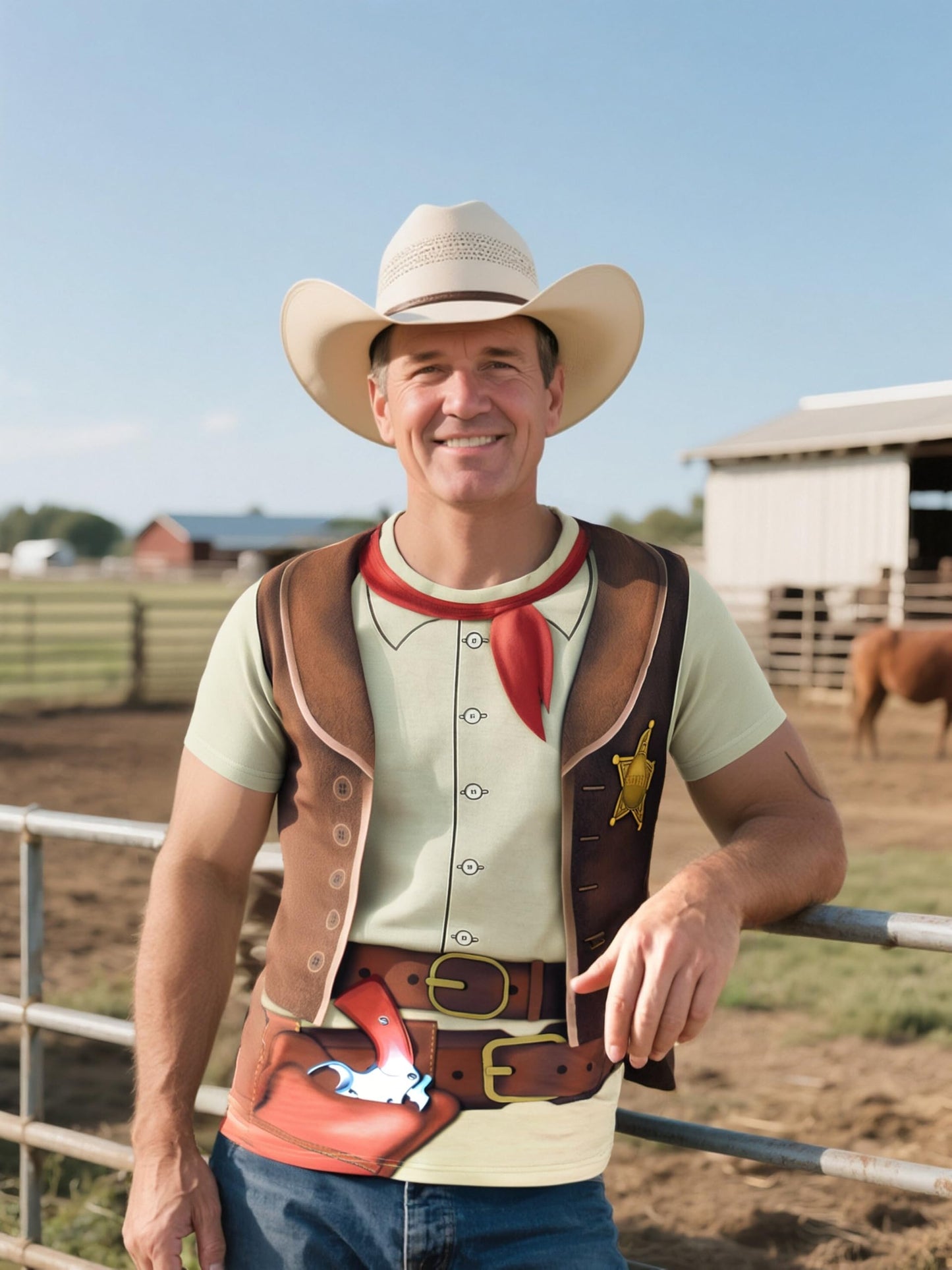 Funny World Men's Western Cowboy Costume T-Shirts, X-Large, Brown