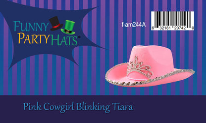Funny Party Hats - Pink Cowgirl Hat With Blinking Tiara - Childrens Party Hat - Girls Cowboy Hat - Rodeo Princess - Texas Rancher Style - Halloween & Birthday Fun