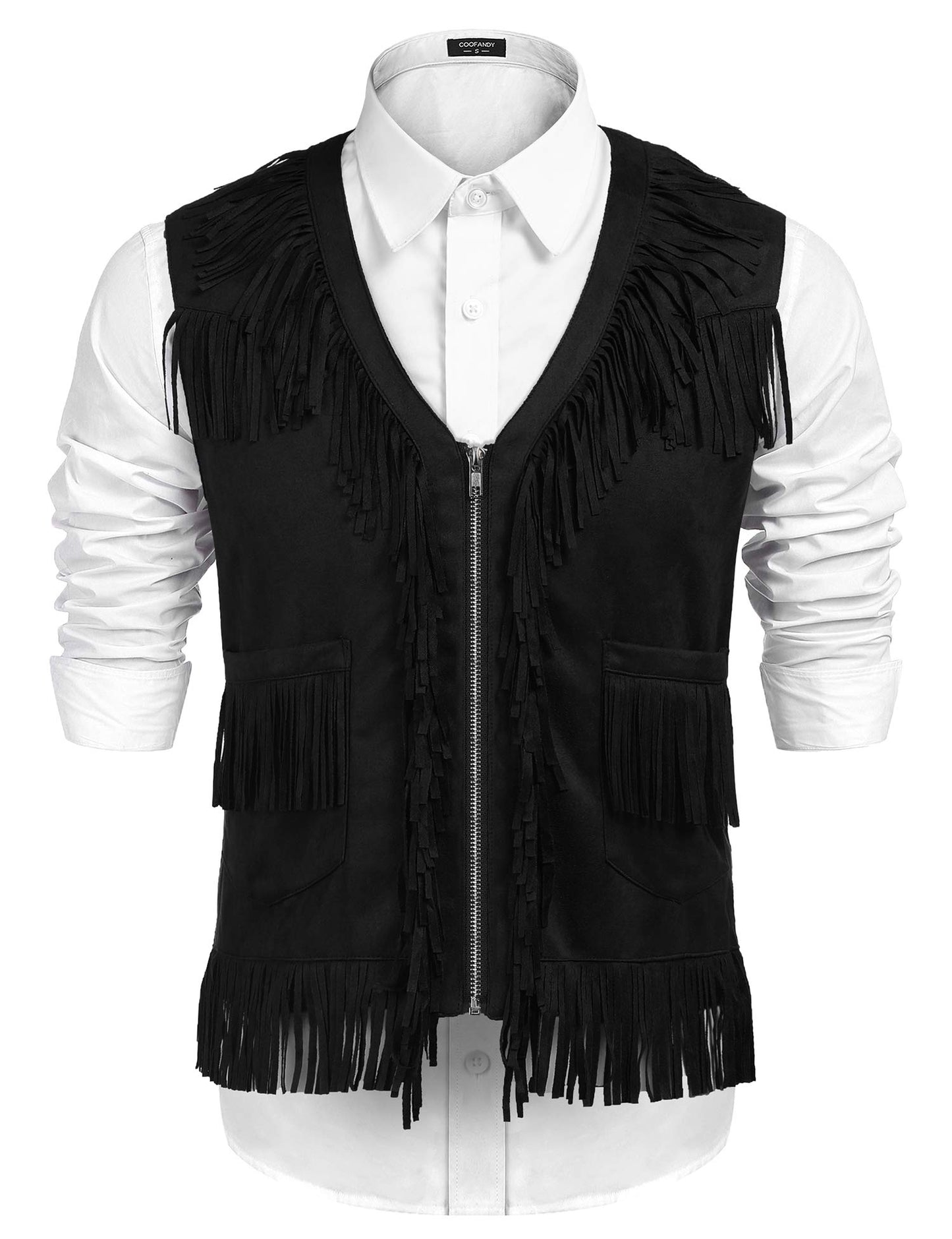 COOFANDY Men's Western Cowboy Vest Halloween Fringe Hippie Costume V Neck Zipper Suede Leather Waistcoat
