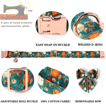 DOGWONG Fall Dog Collar with Bowtie, Halloween Pumpkin Pet Collar in Soft Cotton for Small, Medium & Large Dogs
