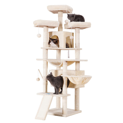 Hey-brother Cat Tree, 71 inches XL Large Cat Tower for Indoor Cats, Multi-Level Cat House with 3 Padded Perches, Big Scratcher, Cozy Basket, 2 Cat Condos and Scratching Posts, Beige MPJ034M