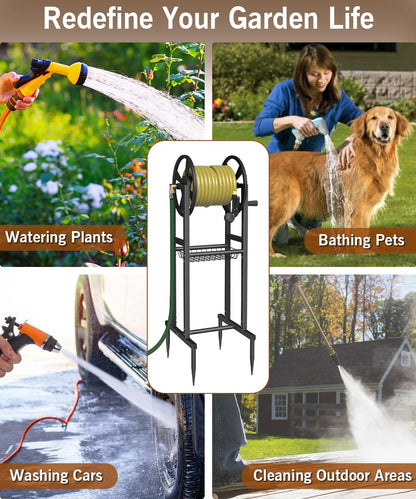 Garbuildman Ground Mount Garden Hose Reel Holds 125 Feet of 5/8-Inch with 3.9 ft Leader Hose, Brass Fitting, Water Hose Holder Stand with Storage Rack & 4 Spikes Base for Outdoor Lawn, Black