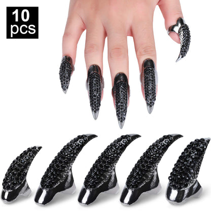 Hicarer 10 Pcs Halloween Gothic Nail Claw Ring Metal Punk Fake Nails Set Costume Full Finger Rings for Men Women Party Favor Cosplay Supplies, 3 Sizes