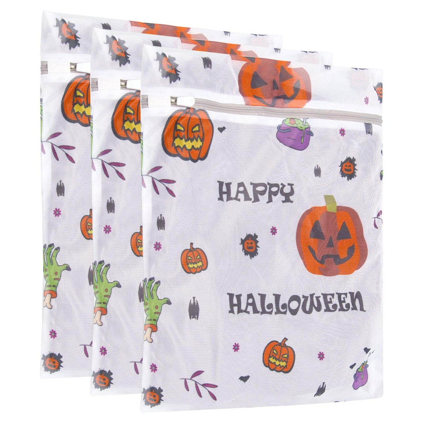 3Pcs Halloween Durable Mesh Laundry Bag, Durable Laundry Bags with Premium Zipper for Indoor Home Decor (Halloween 02)