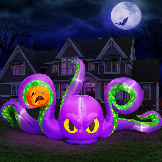 12Ft Halloween Inflatables Giant Octopus Purple Sticky Pumpkin LED Light Blow up Halloween Decor for Carnival Party Store Outdoor Yard Lawn Decorations