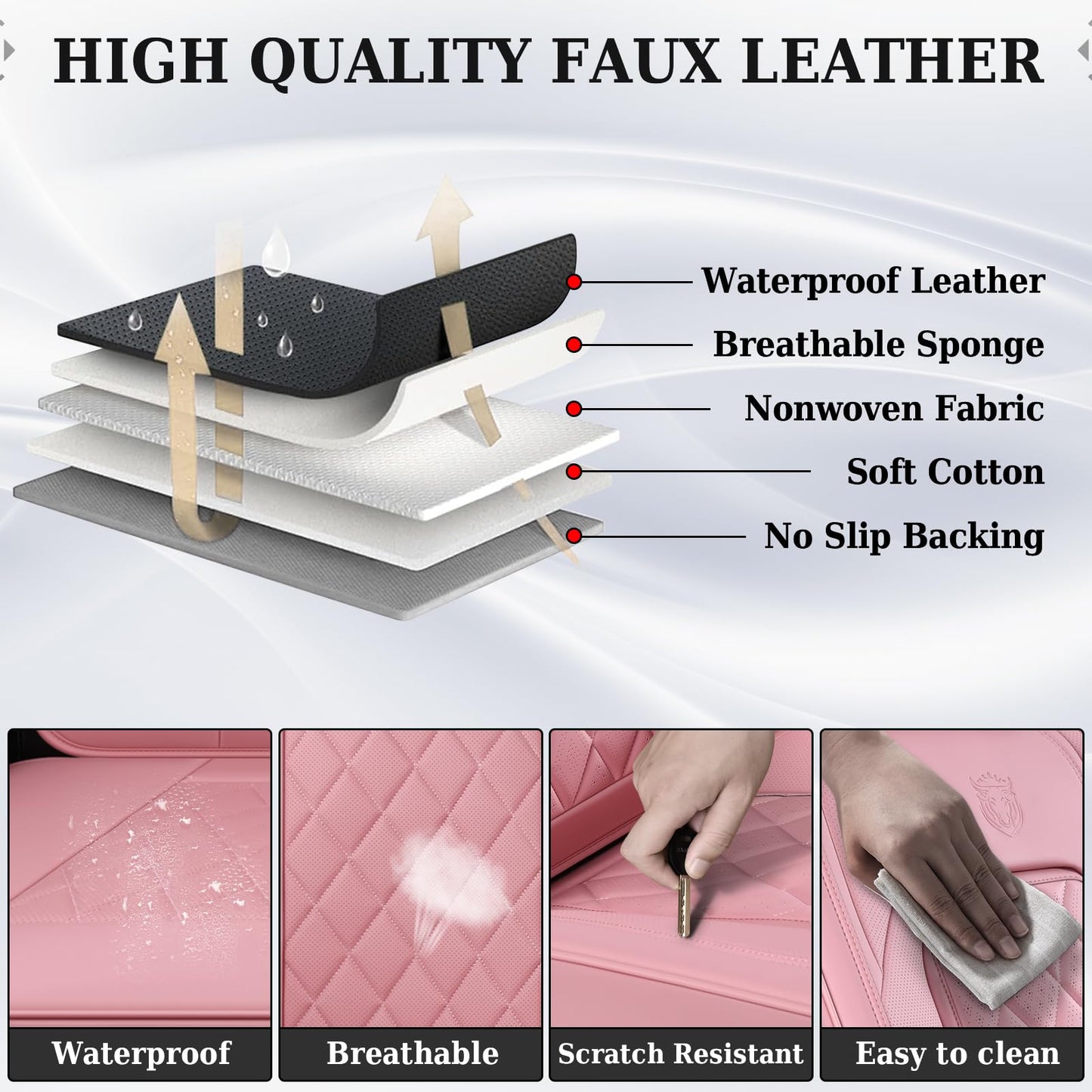 Coverado Car Seat Covers Full Set, Pink Leather Seat Covers for Cars, Universal Waterproof Car Seat Cover, Luxury Front and Back Car Seat Protector, Automotive Seat Covers Fit for Most Cars, Pink