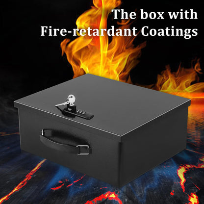 Dalmbox Portable Metal Safe Box with Dual Combination and Key Lock - Fire Resistant Storage for Documents, Car, Home and Outside - X Large 13.2"x 11"x 5.1" Black Box