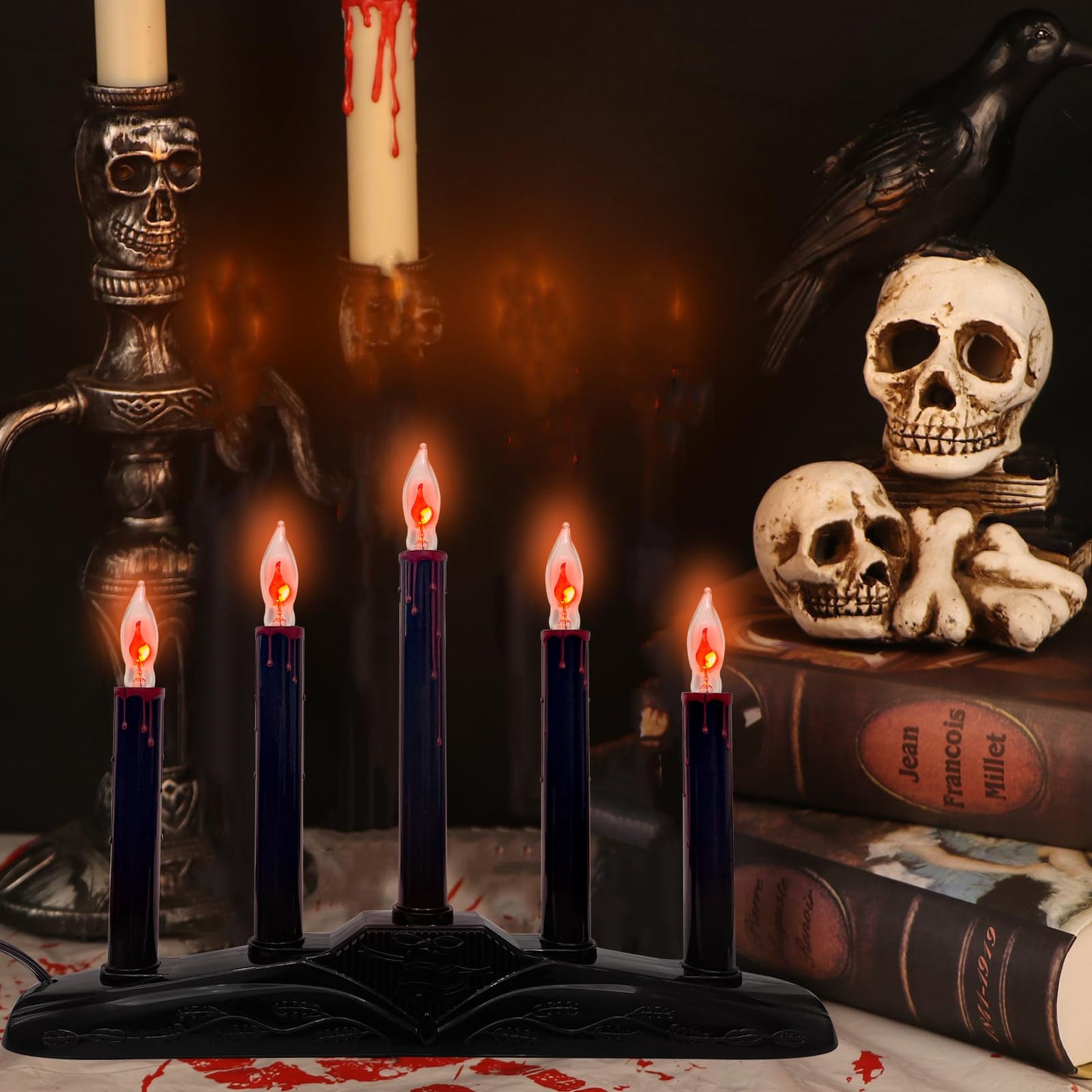 1 Pack Halloween Electric Candle Lamps, 5 Light Black Flameless Candle with 5 C18 Orange Flicker Flame Bulb, Plug in Flickering Window Candle Holder for Halloween Party Home Table Bar Holiday Decor