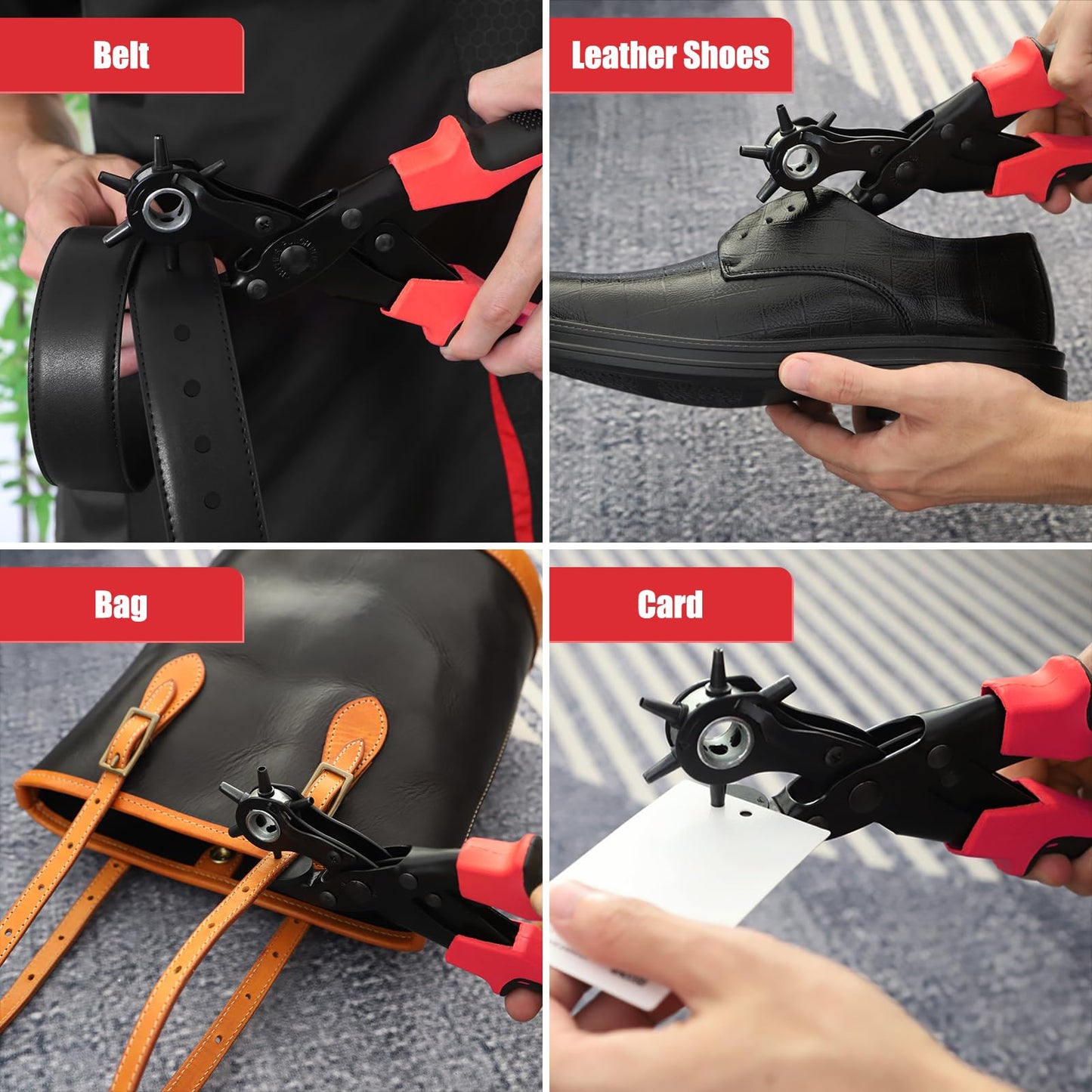 Diyife® Leather Hole Puncher, Full Set Punch Tool Kits for Belt, Watch Band, Shoe, Crafting, Handbag Straps, Fabric, with Extra Punch Plates and Ruler, Multi Hole Sizes Make, Red